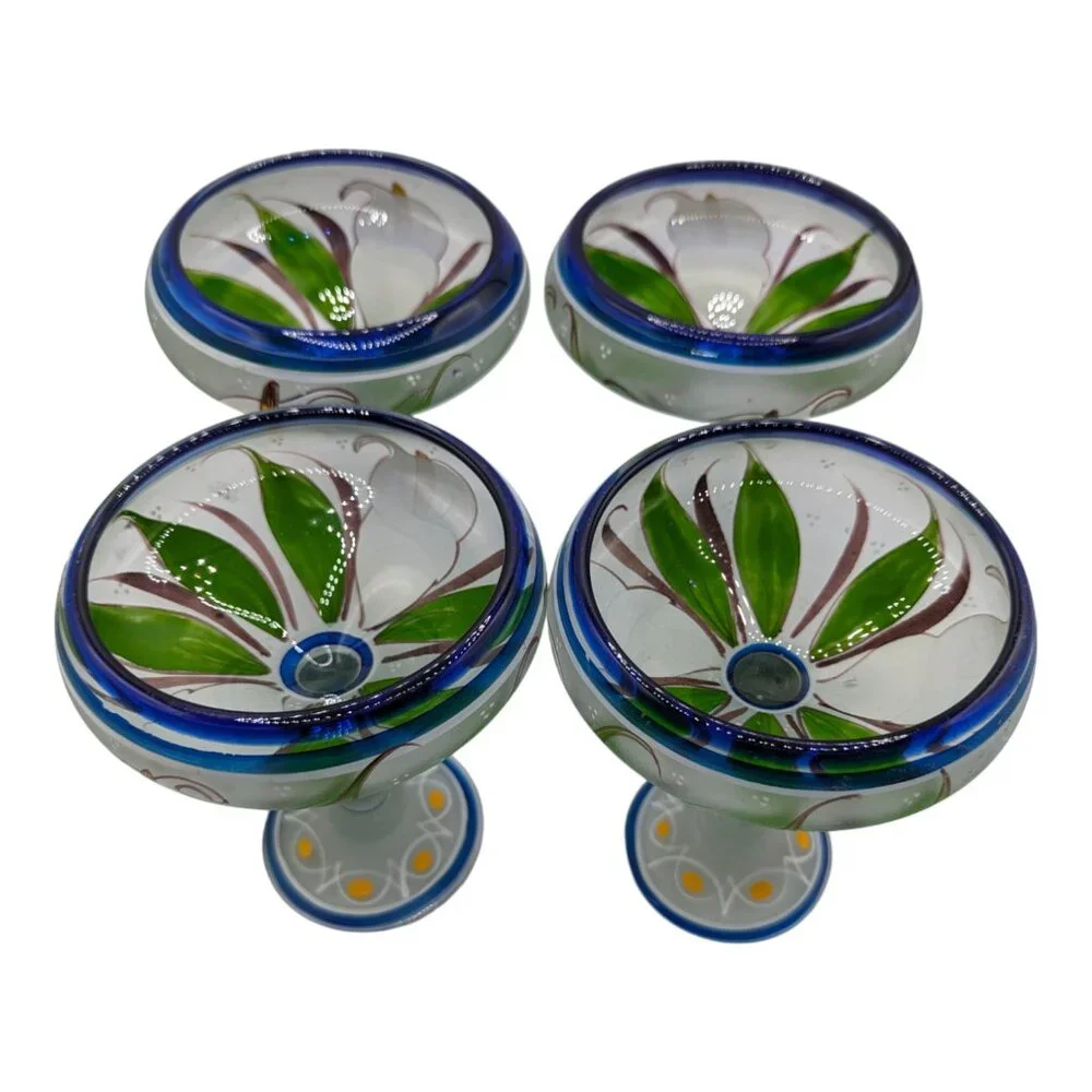Set of 4 Hand Painted Mexican Blue Rim Margarita Glass White Calla Lilies Lily